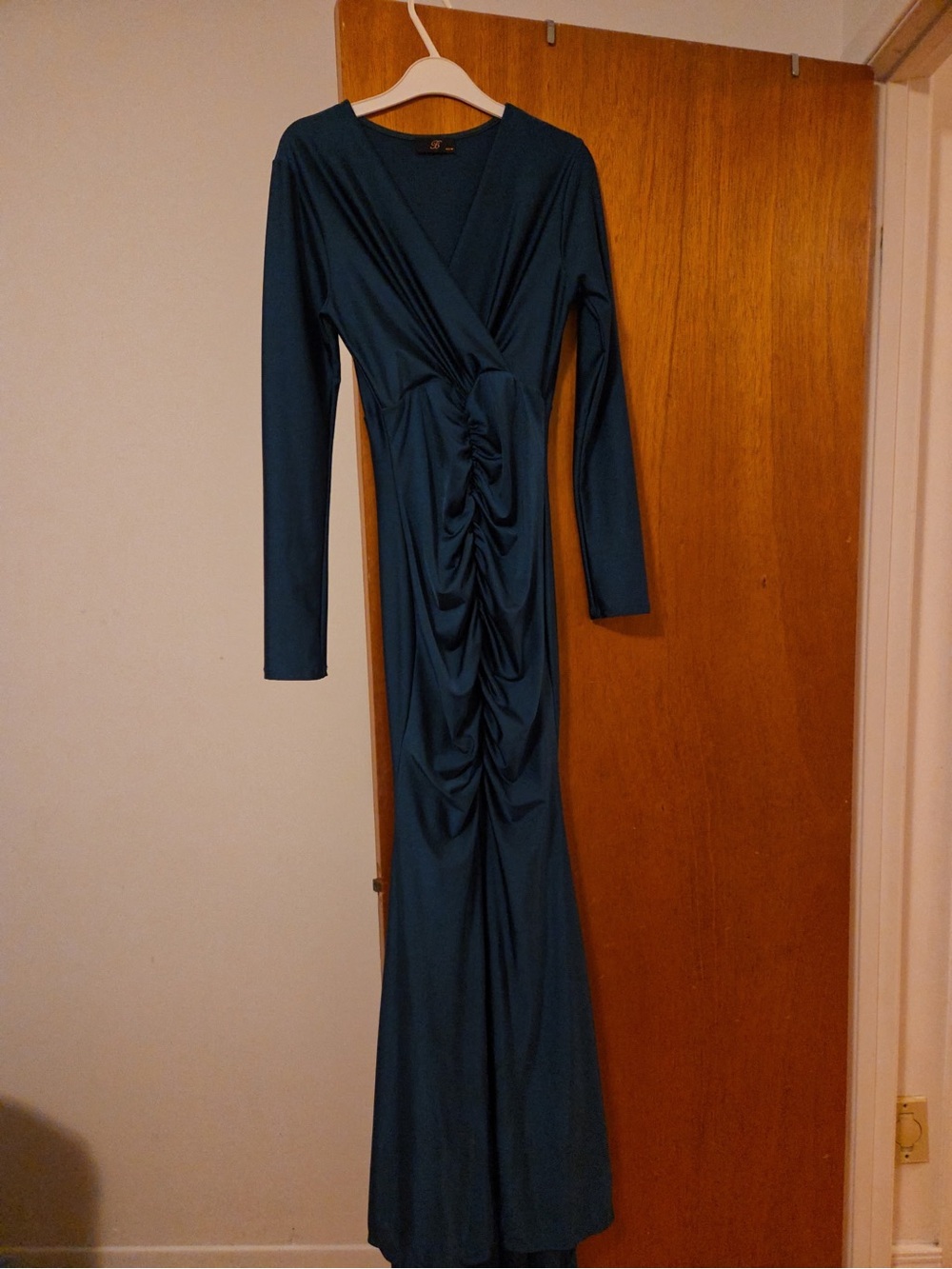 Ruched Teal Long Sleeve Maxi Dress with V-Neck
